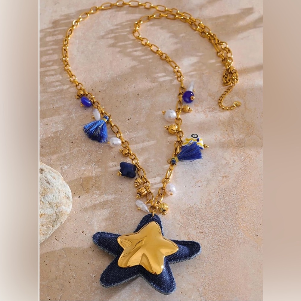 Boho Star Pendant Necklace Denim & Gold-Tone - Picture 3 of 3